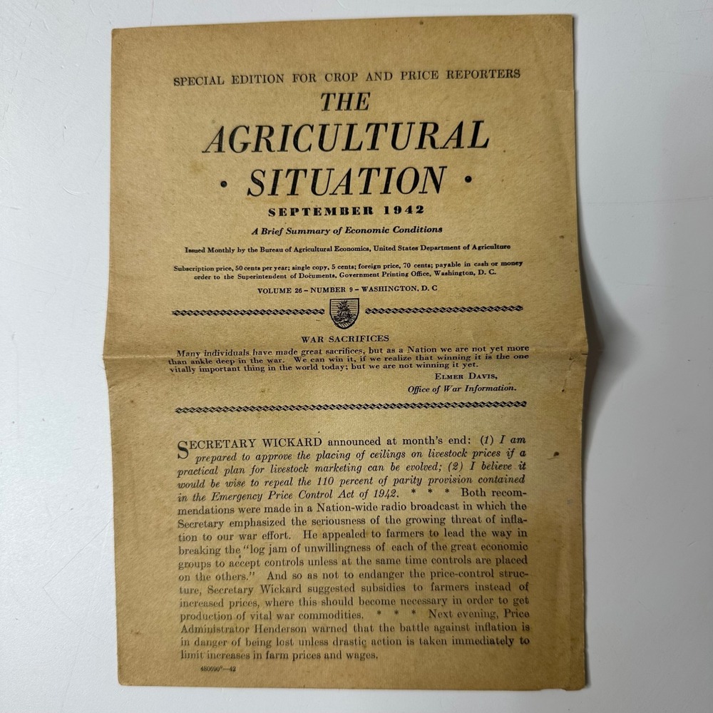 1942‎ The Agricultural Situation September USDA WWII War Sacrifices Bulletin
